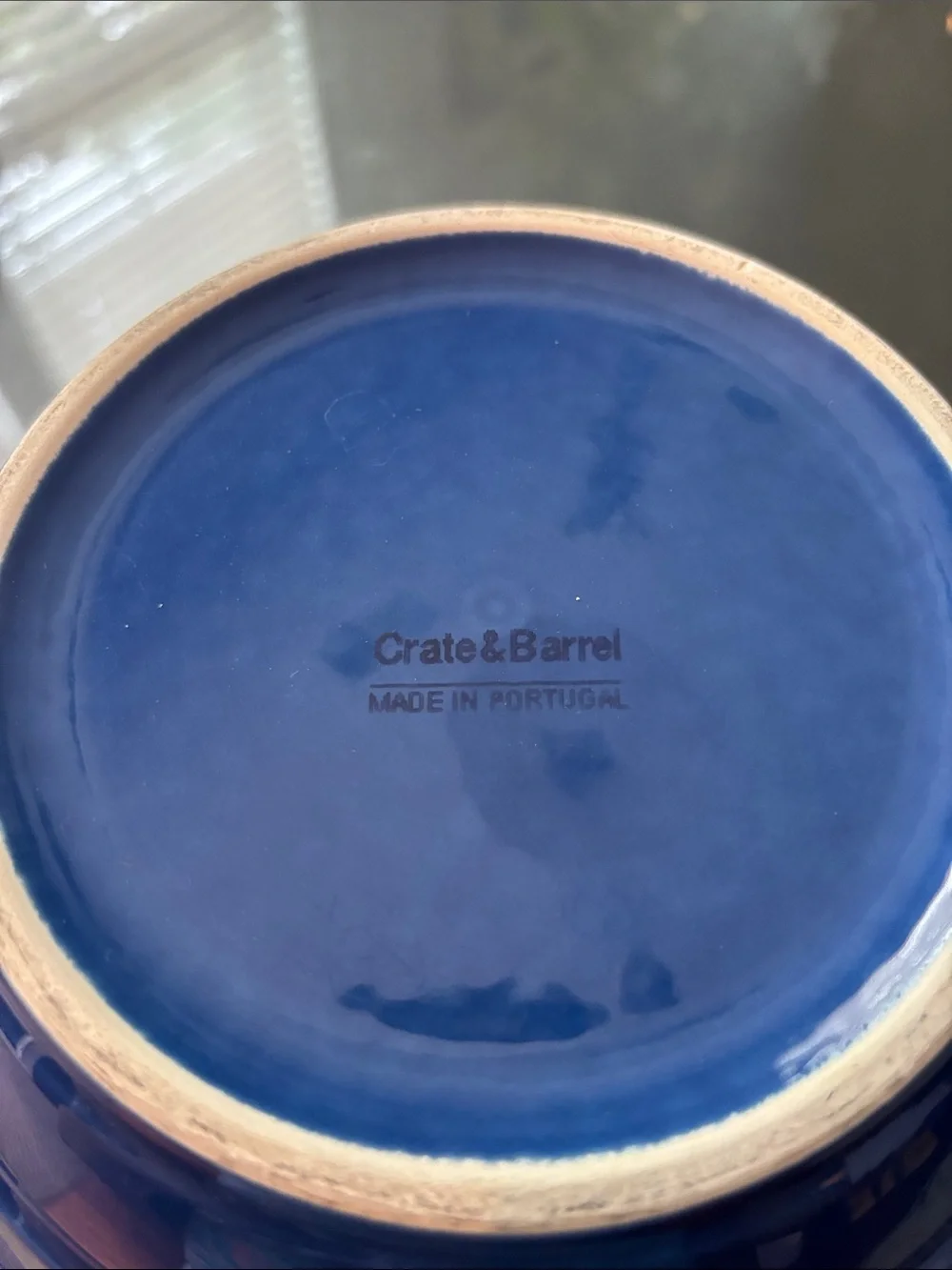 Crate and Barrel Blue Ceramic Mixing Bowl with Cream Interior-slight chip